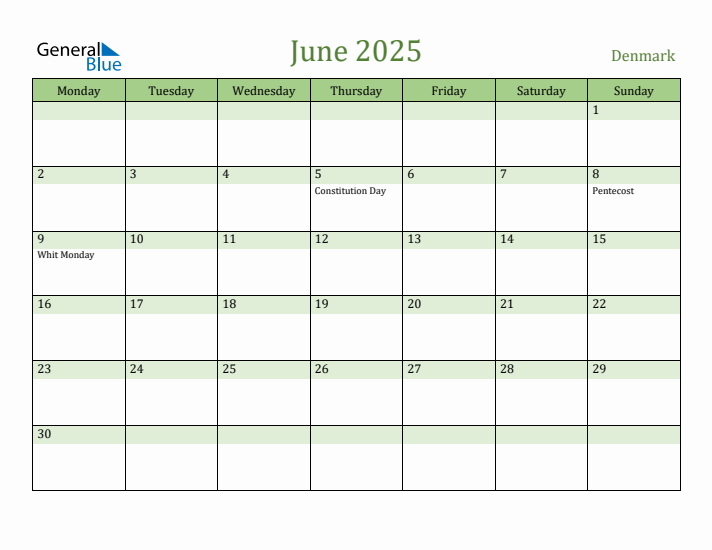 June 2025 Calendar with Denmark Holidays