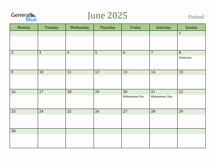 June 2025 Calendar with Finland Holidays