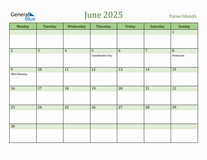 June 2025 Calendar with Faroe Islands Holidays