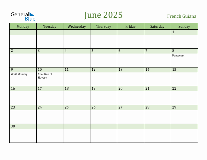 June 2025 Calendar with French Guiana Holidays