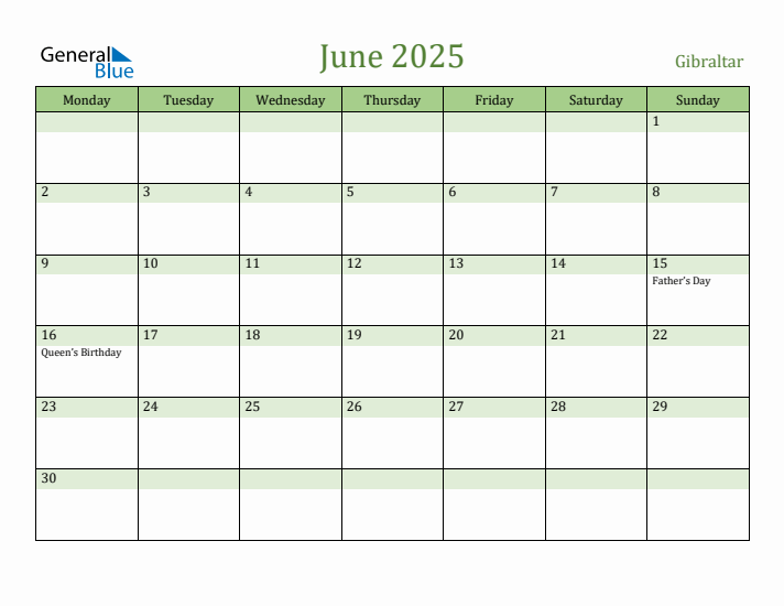 June 2025 Calendar with Gibraltar Holidays
