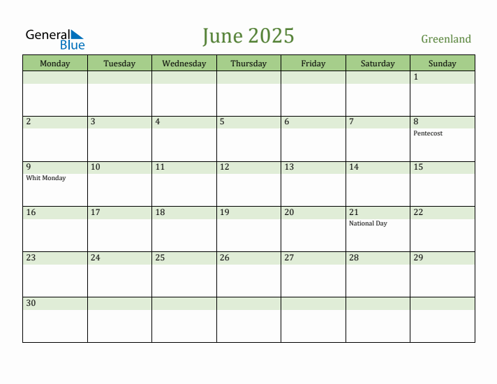 June 2025 Calendar with Greenland Holidays