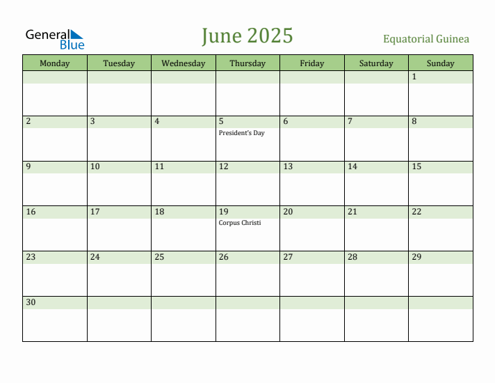 June 2025 Calendar with Equatorial Guinea Holidays