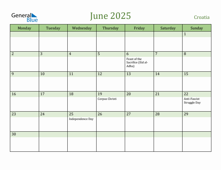 June 2025 Calendar with Croatia Holidays