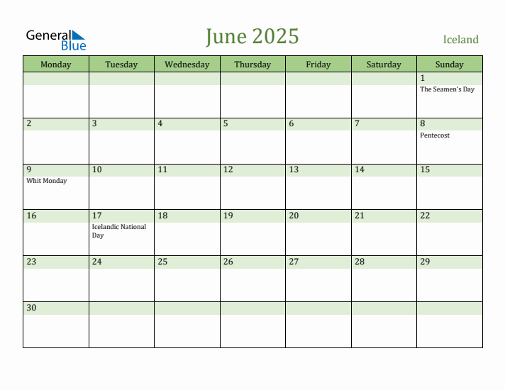 June 2025 Calendar with Iceland Holidays