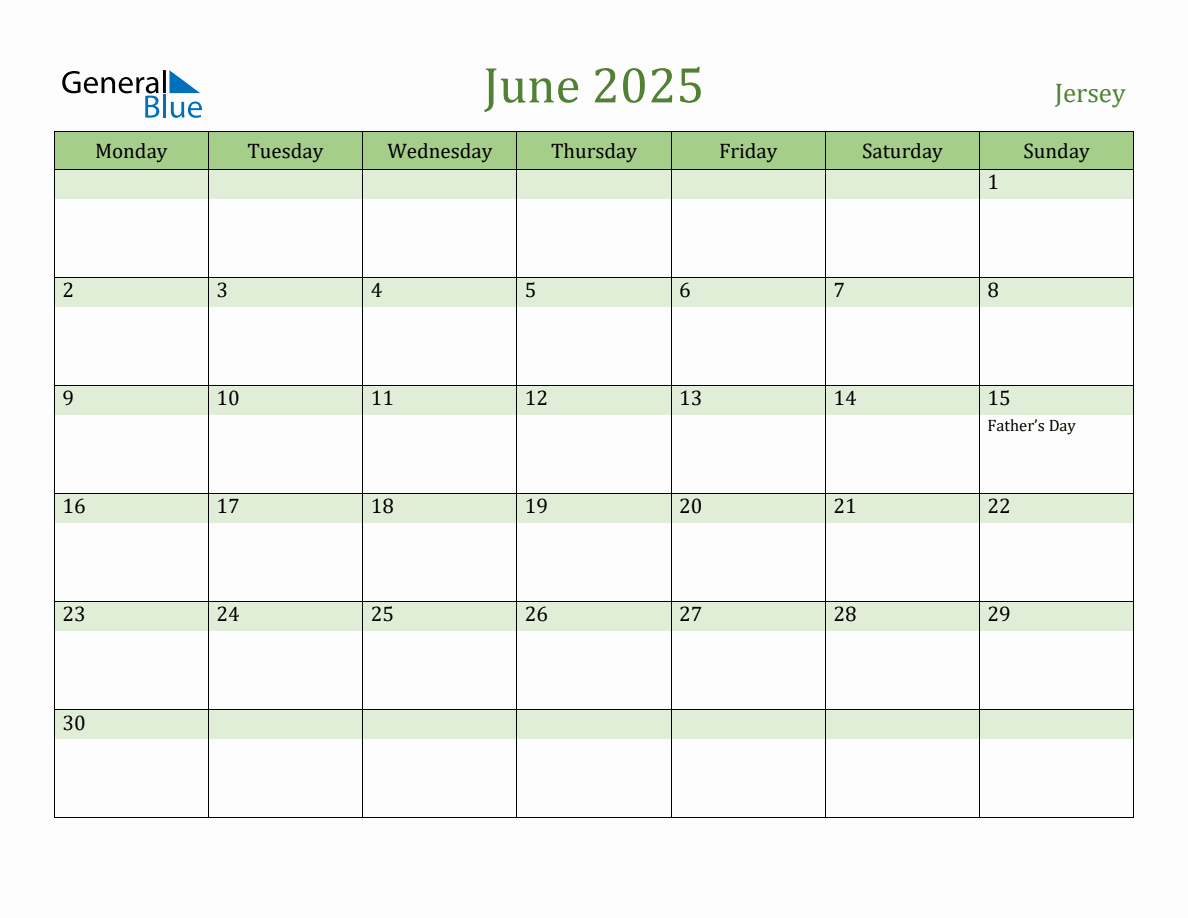 Fillable Holiday Calendar for Jersey June 2025