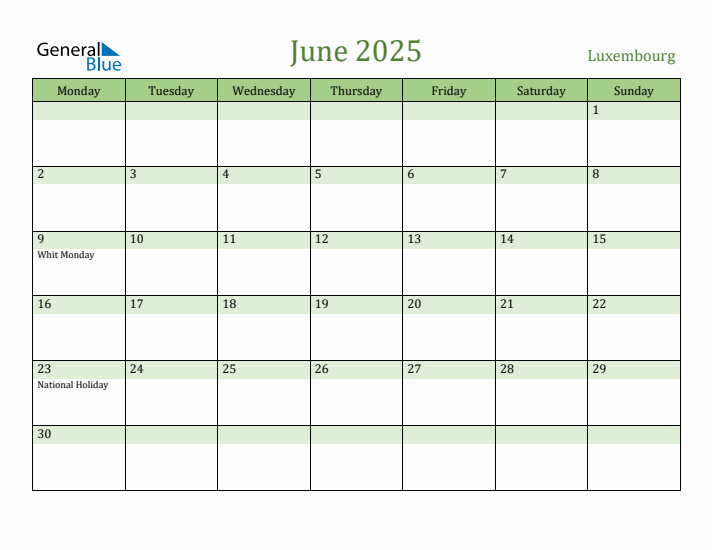 June 2025 Calendar with Luxembourg Holidays