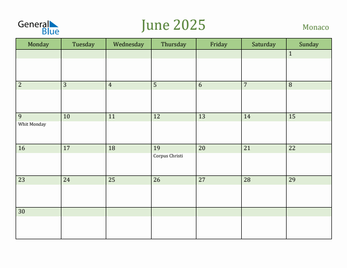 June 2025 Calendar with Monaco Holidays