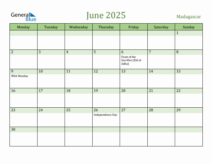 June 2025 Calendar with Madagascar Holidays