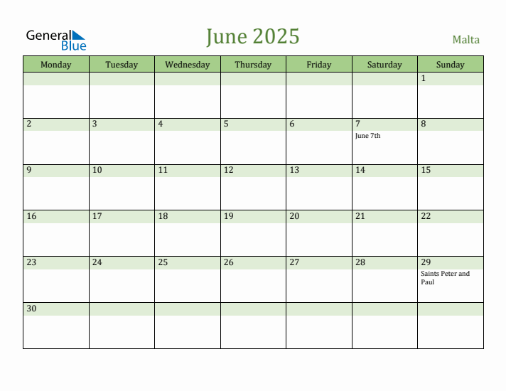 June 2025 Calendar with Malta Holidays