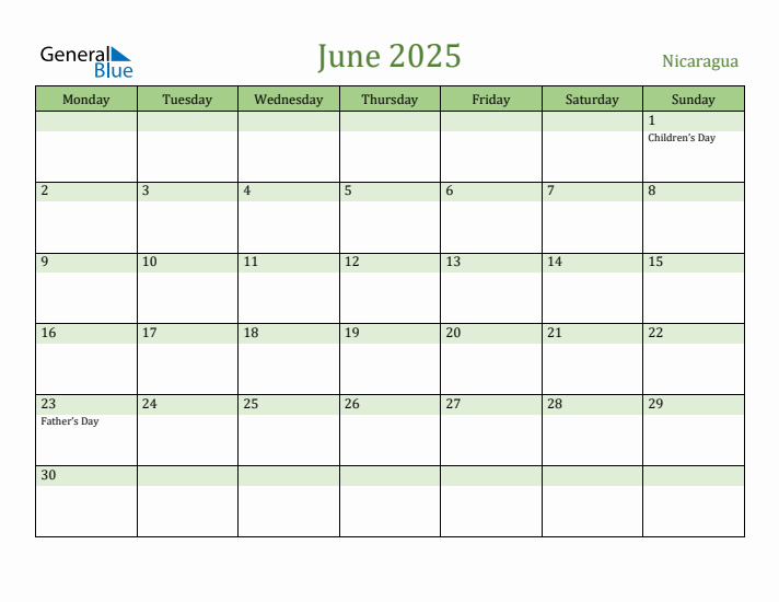 June 2025 Calendar with Nicaragua Holidays