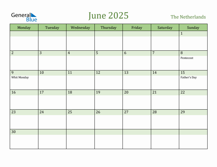 June 2025 Calendar with The Netherlands Holidays