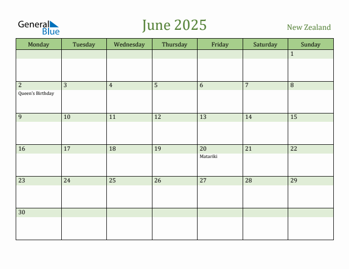 June 2025 Calendar with New Zealand Holidays