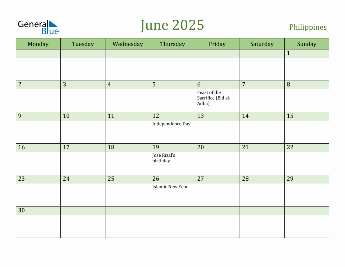 Fillable Holiday Calendar for Philippines June 2025