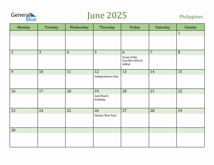 June 2025 Calendar with Philippines Holidays