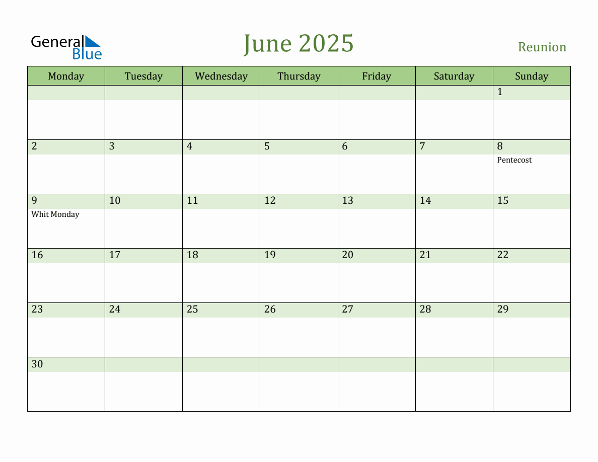 Fillable Holiday Calendar for Reunion June 2025