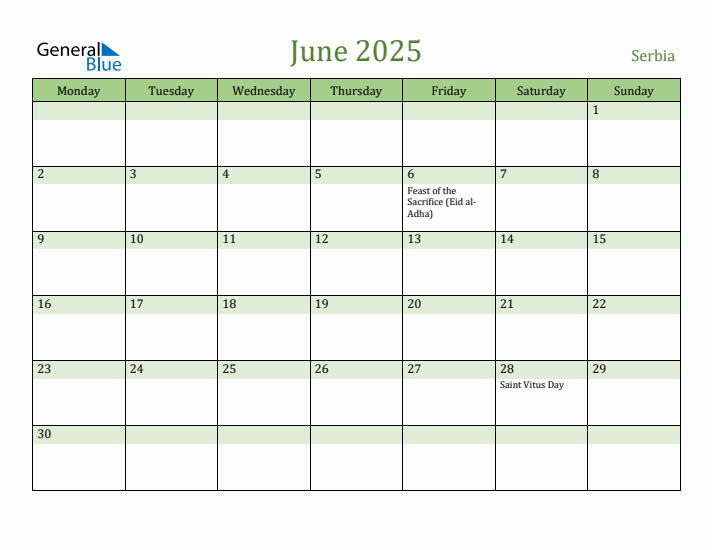 June 2025 Calendar with Serbia Holidays