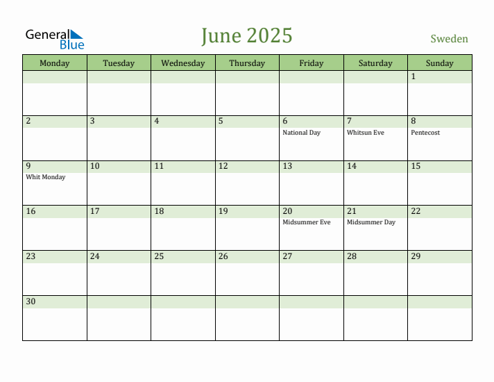 June 2025 Calendar with Sweden Holidays