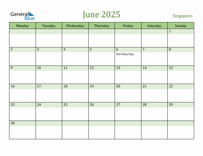 June 2025 Singapore Monthly Calendar with Holidays