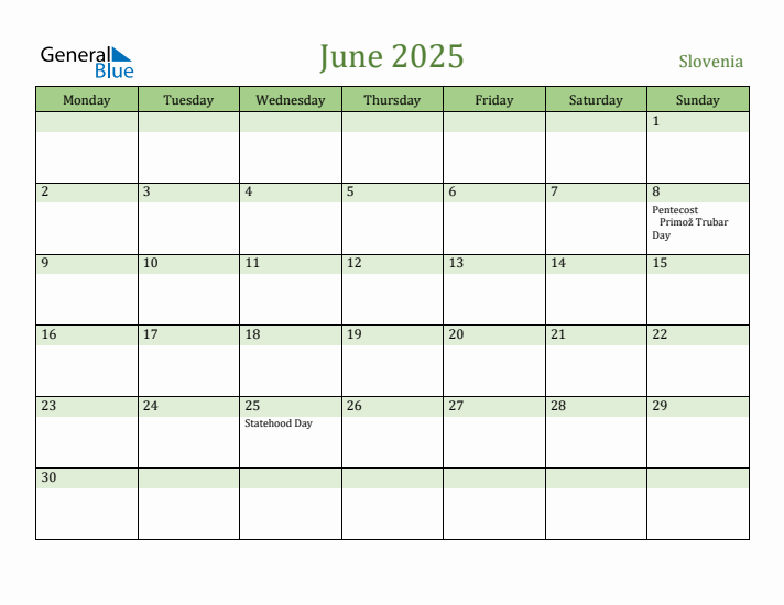 June 2025 Calendar with Slovenia Holidays