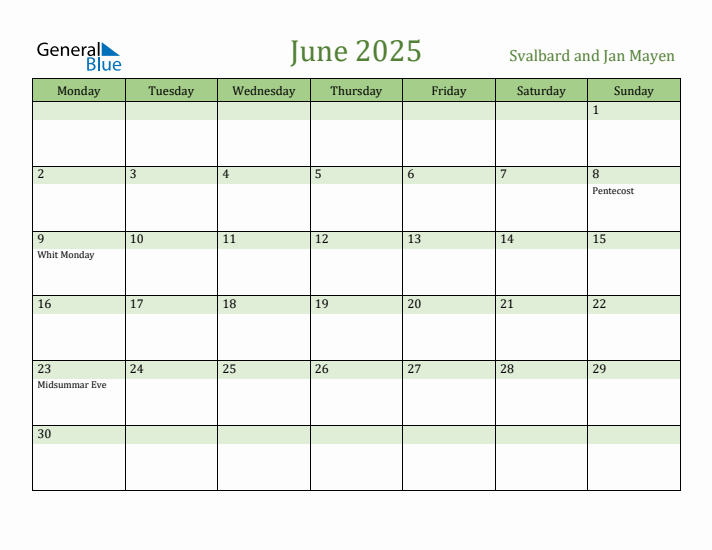 June 2025 Calendar with Svalbard and Jan Mayen Holidays