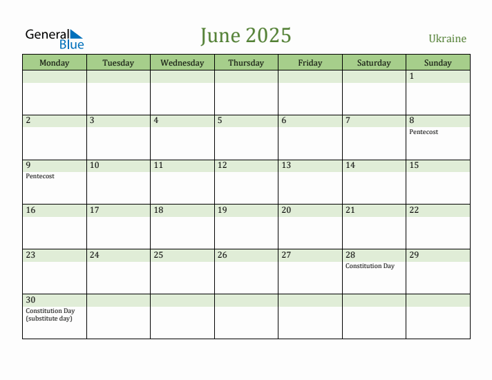 June 2025 Calendar with Ukraine Holidays