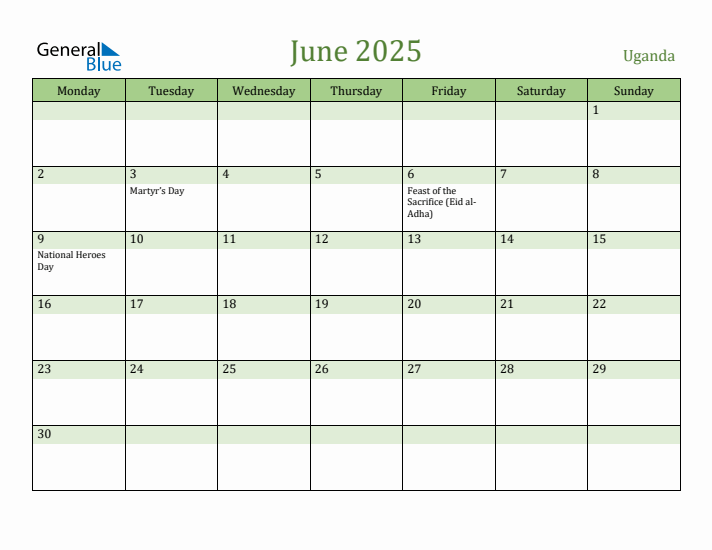 June 2025 Calendar with Uganda Holidays