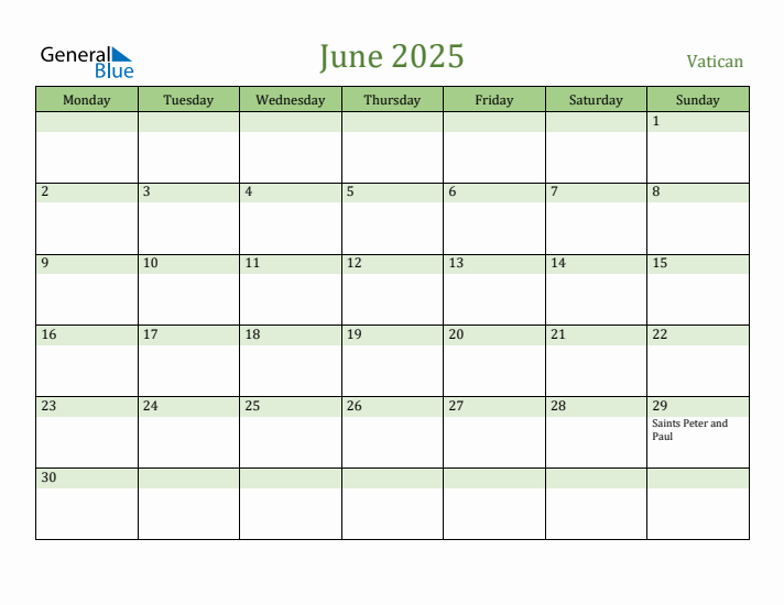 June 2025 Calendar with Vatican Holidays