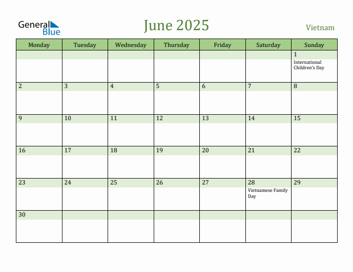 June 2025 Calendar with Vietnam Holidays