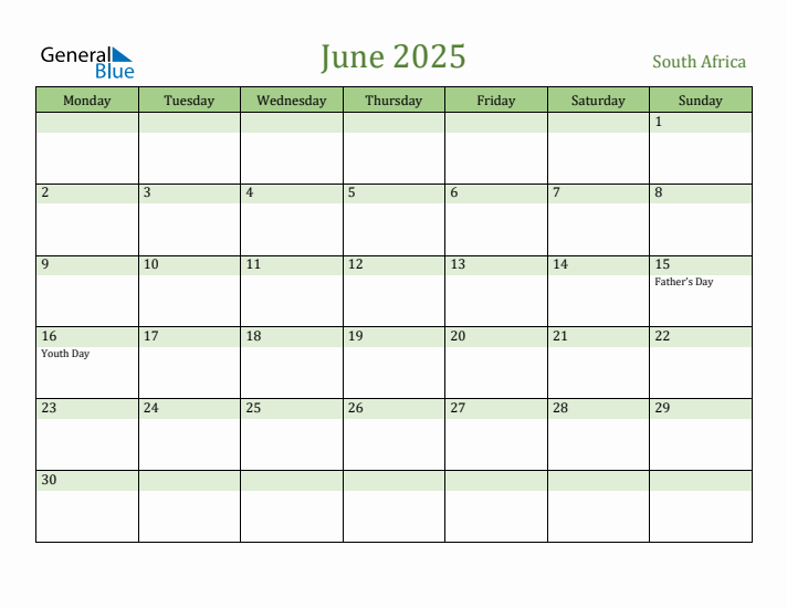 June 2025 Calendar with South Africa Holidays