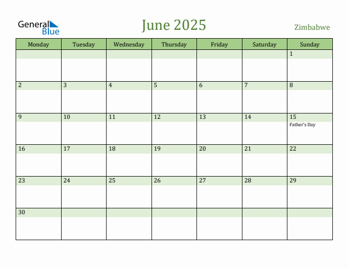 June 2025 Calendar with Zimbabwe Holidays