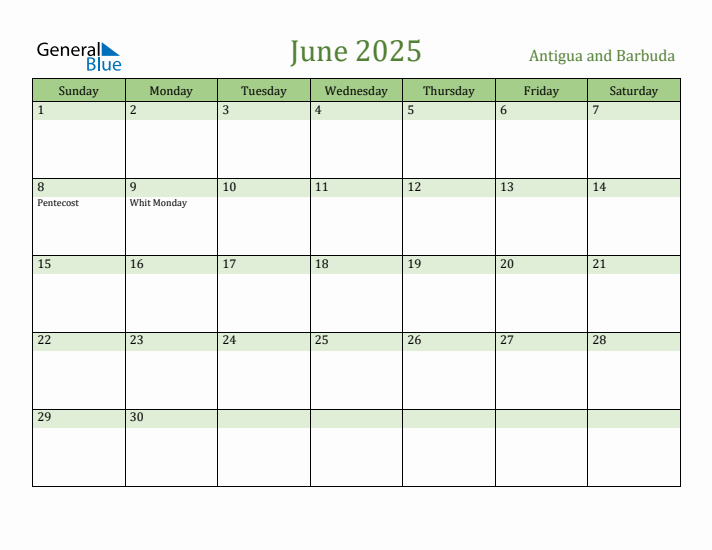 June 2025 Calendar with Antigua and Barbuda Holidays