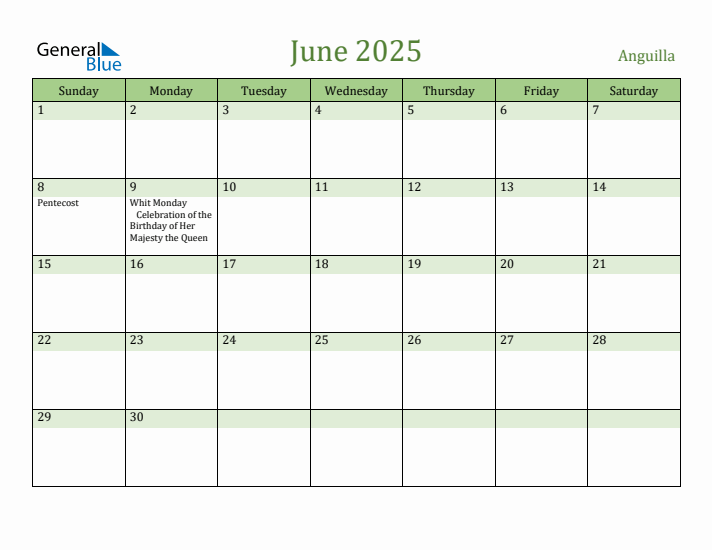 June 2025 Calendar with Anguilla Holidays