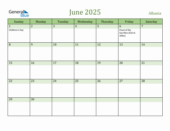 June 2025 Calendar with Albania Holidays
