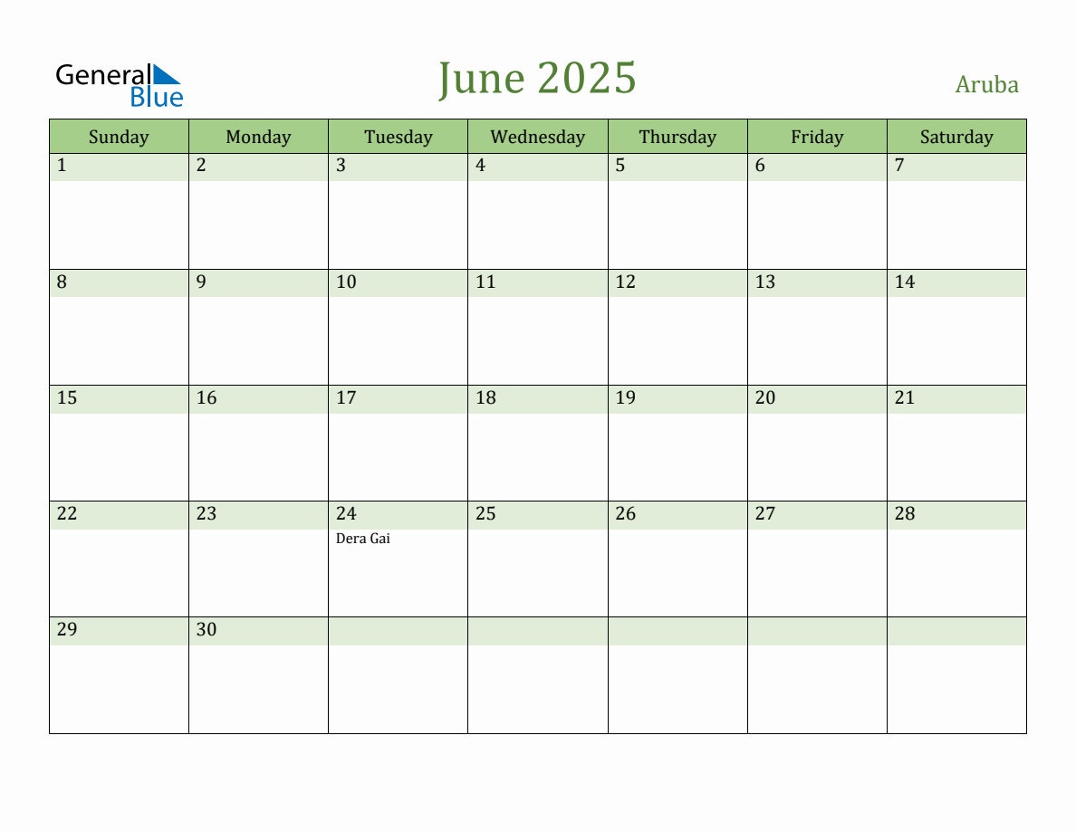 Fillable Holiday Calendar for Aruba June 2025