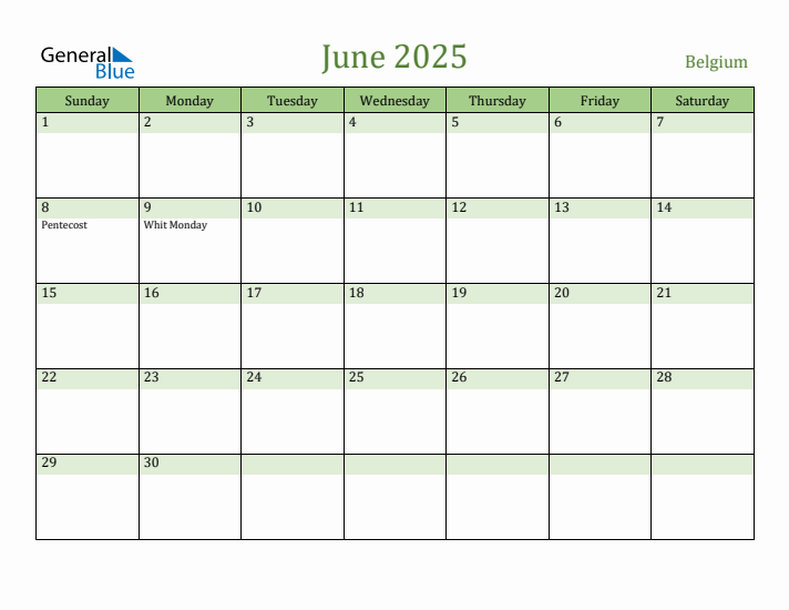 June 2025 Calendar with Belgium Holidays