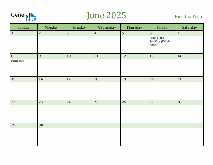 June 2025 Calendar with Burkina Faso Holidays