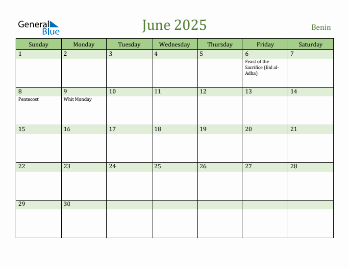 June 2025 Calendar with Benin Holidays
