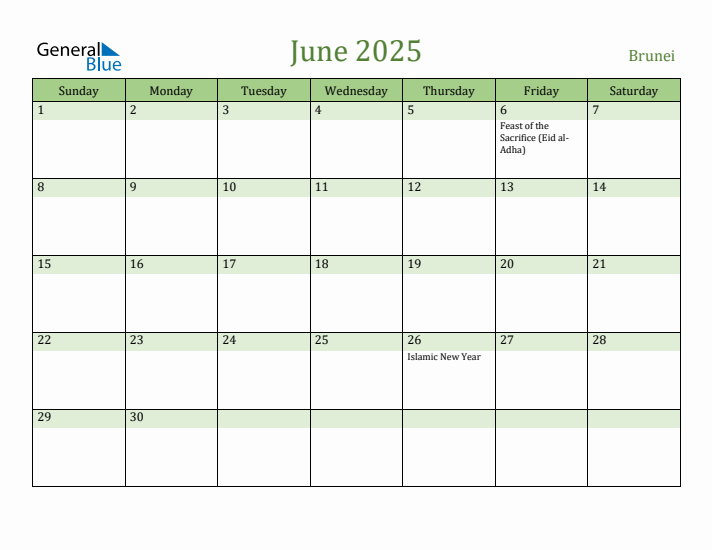 June 2025 Calendar with Brunei Holidays