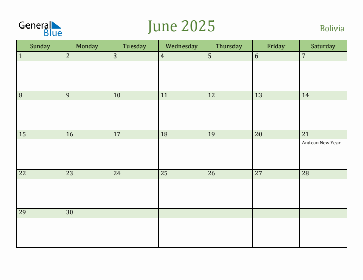 June 2025 Calendar with Bolivia Holidays