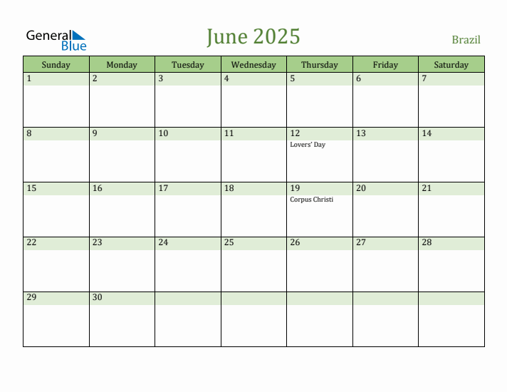 June 2025 Calendar with Brazil Holidays