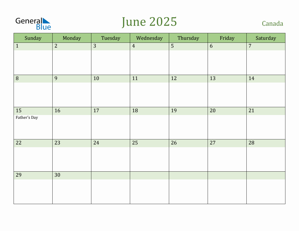 Fillable Holiday Calendar for Canada June 2025