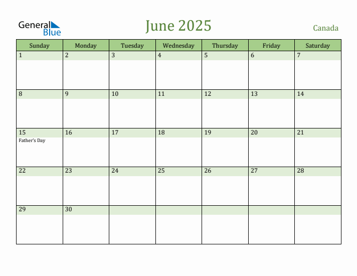 June 2025 Calendar with Canada Holidays