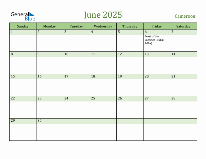 June 2025 Calendar with Cameroon Holidays