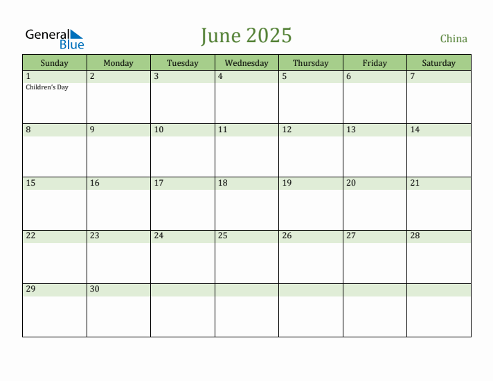 June 2025 Calendar with China Holidays