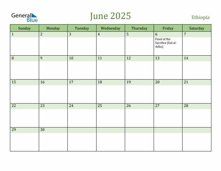 June 2025 Calendar with Ethiopia Holidays