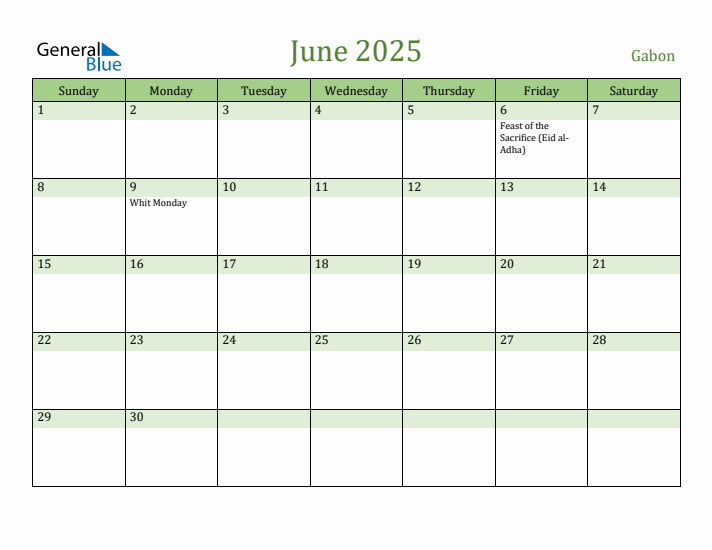 June 2025 Calendar with Gabon Holidays