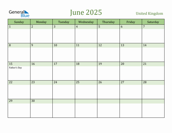 June 2025 Calendar with United Kingdom Holidays