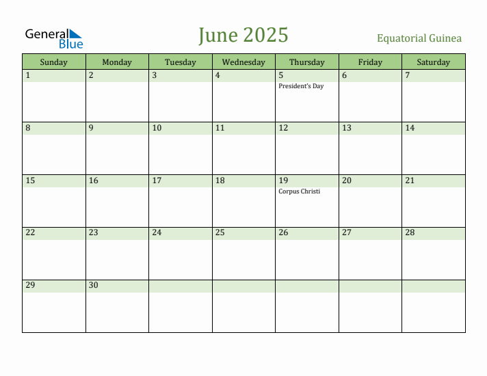 June 2025 Calendar with Equatorial Guinea Holidays