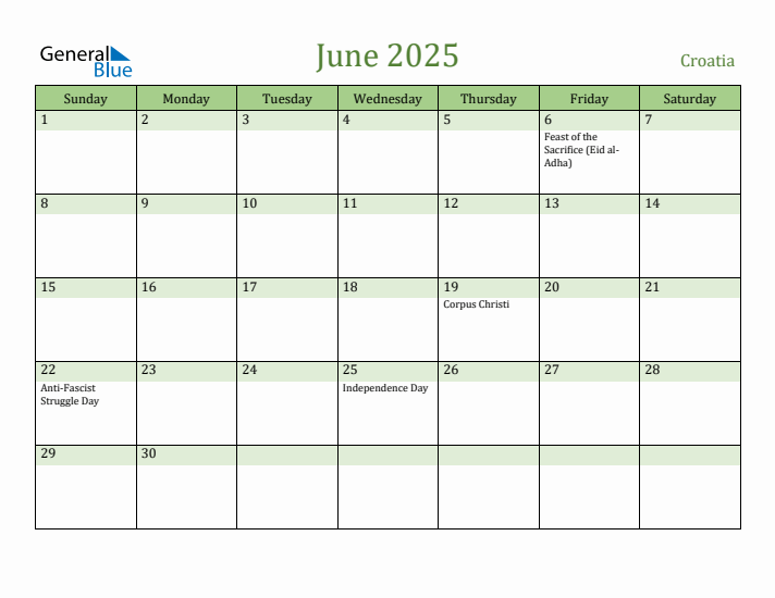 June 2025 Calendar with Croatia Holidays